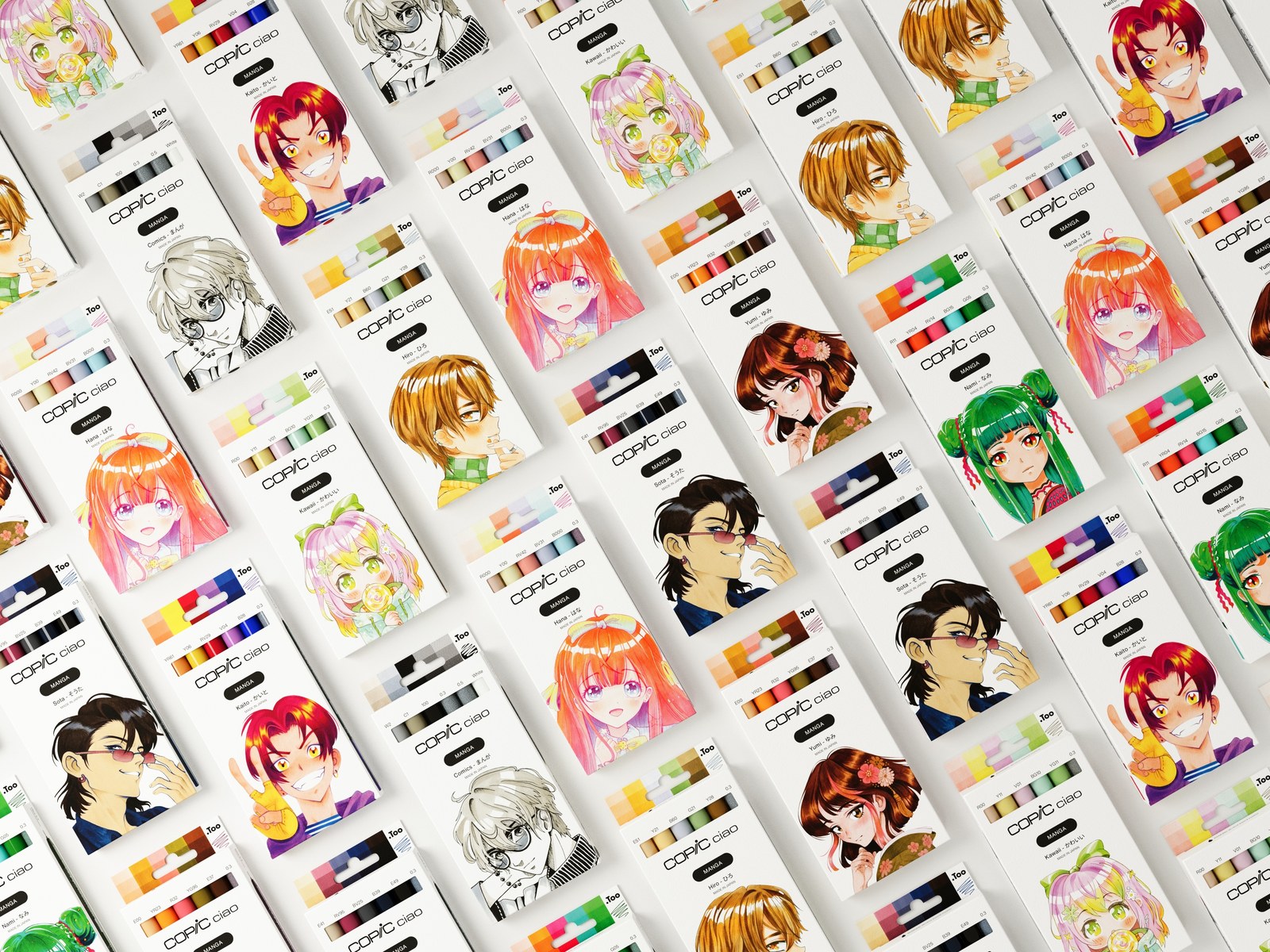 Copic Ciao Manga koleksiyonu setleri — karakter illüstrasyonlu kutular